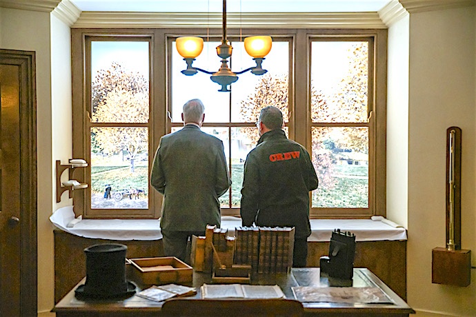 Matthew Tanner MBE (Chief Executive, Brunel's SS Great Britain) and The Duke gaze onto 18th century London