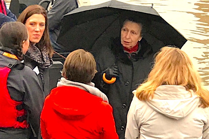 HRH meets staff at All-Aboard! Watersports before blessing the Andiamo, a wheelchair accessible Pioneer boat.